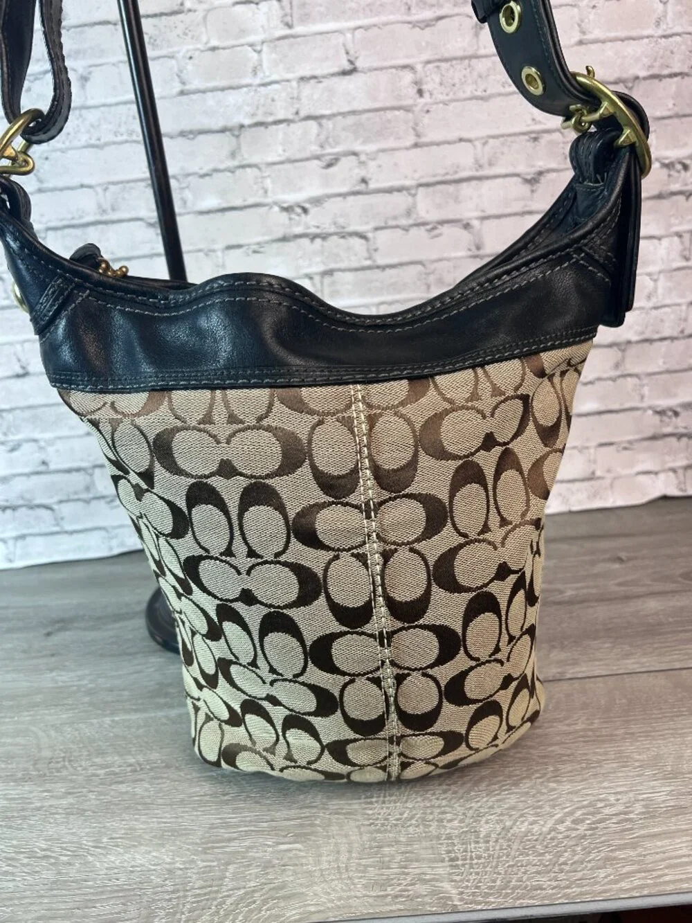 Coach 11437 Bleecker Brown Canvas Black Leather Bucket Crossbody